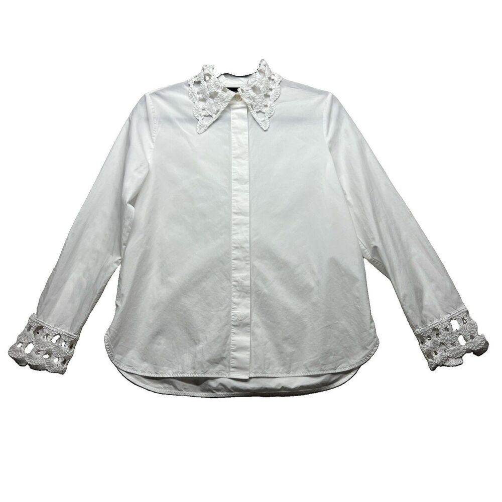 COS Shirt Womens 2 Sz S White Crochet Collar Long Sleeve Full Button Minimalist